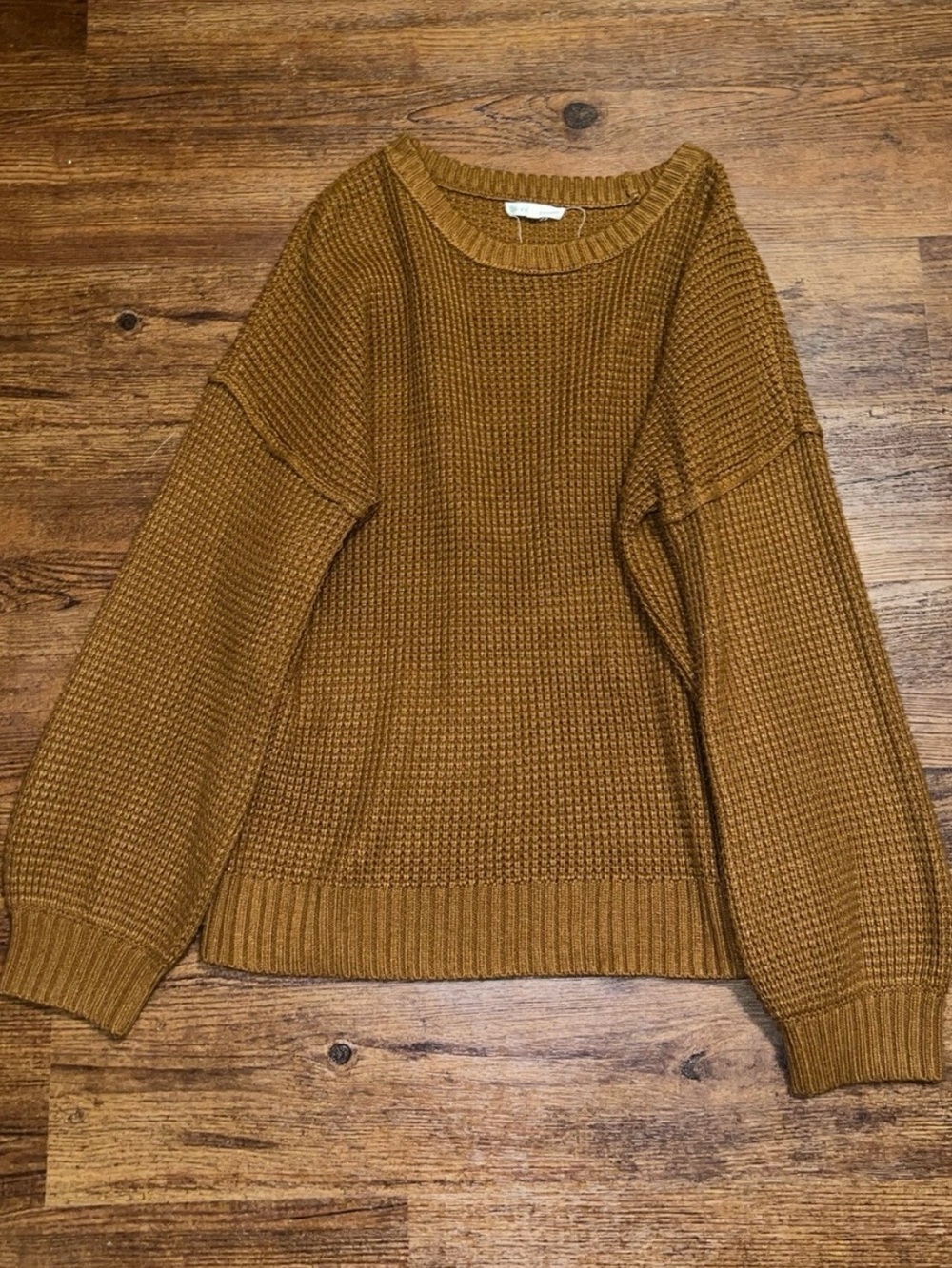 Brown Oversized Waffle Knit Casual Boho Chic Crewneck Textured Sweater Size M